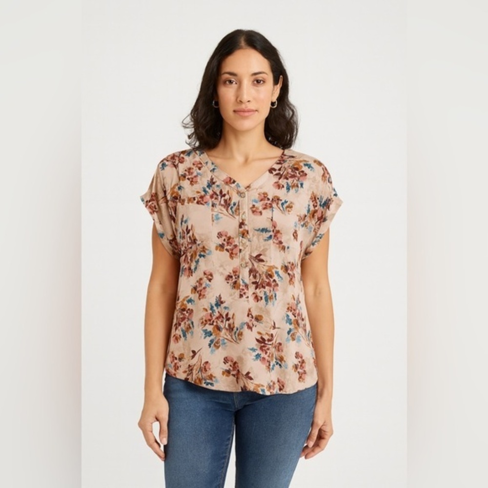 Taupe Floral Tunic Top Button Front Casual Torrid Work Office EUC 3 (22-24) 2373